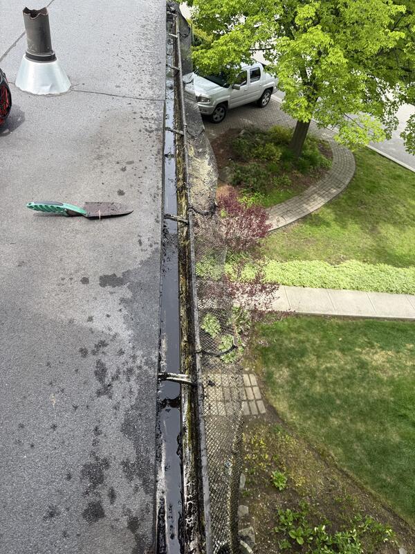 Front gutter flushed with water after cleaning